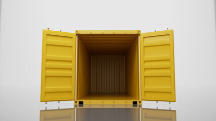 Yellow metal storage container with open doors revealing empty interior space, representing global trade, logistics, and transportation on a clean white background with subtle reflections