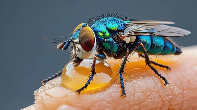 Close up of a vibrant blue bottle fly perched on skin with a droplet of liquid underneath it