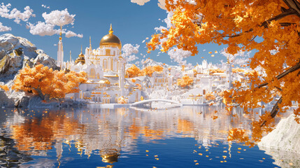 Dreamlike Autumn Landscape with Golden Trees and White Architecture Reflected on Calm Water, Serene Fantasy Scene Under a Clear Blue Sky
