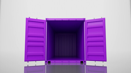 Purple metal cargo container with open doors revealing an empty interior, standing on a reflective white surface, symbolizing global trade and logistics