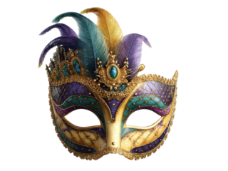 Ornate feathered masquerade mask with jewels and gold trim mardi gras, Isolated, Transparent Png