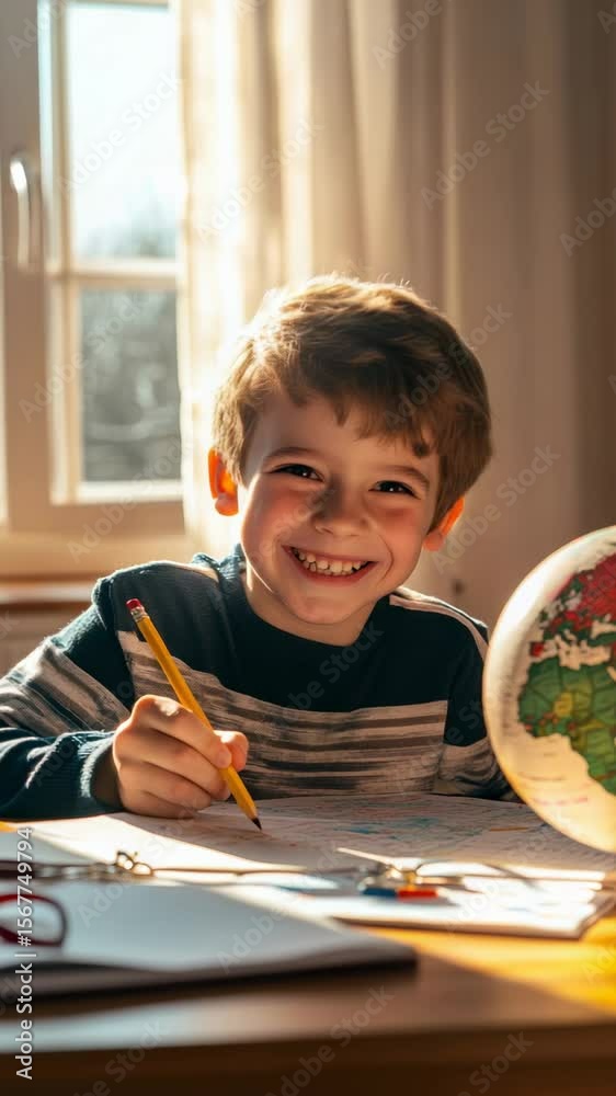 Poster Happy elementary school student smiling while studying geography at home, engaging with a globe and pencil, enjoying the learning process and the excitement of back to school