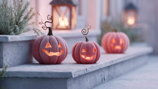 Jack-o'-lanterns illuminated on an outdoor staircase. Halloween decorative pumpkins with glowing faces and festive holiday lanterns. Footage.