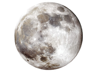 Luminous lunar orb with detailed craters and dark maria against black expanse moon celestial, Isolated, Transparent Png