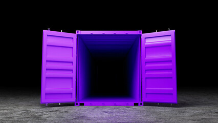 Purple intermodal container with open doors revealing a dark interior, standing on a concrete surface against a black backdrop, creating a striking contrast and suggesting mystery and potential © MIKHAIL