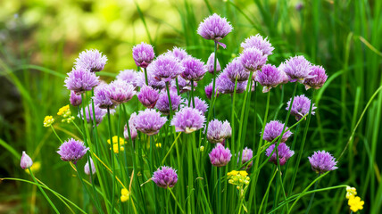 Obraz premium A close-up photograph of purple chive flowers in full bloom against a vibrant green background