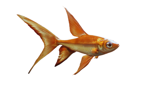 Detailed portrait of an elegant swimming goldfish with long fins in golden on transparent background