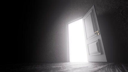 Open door illuminating a dark room with bright light, symbolizing hope, opportunity, and new beginnings while inviting exploration into the unknown and potential for transformation