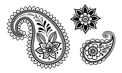 Black and white paisley patterns and floral designs isolated on a white background for textile design. © MDRobin