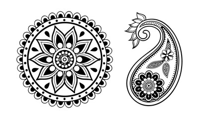Black and white  mandala and paisley design on a white background.