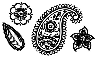 Black and white paisley and floral designs isolated on a white background.