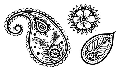 Black and white paisley designs featuring floral elements and teardrop shapes on a white background.