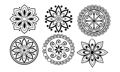 Collection of six black and white floral mandala designs with varying patterns and circular arrangements.