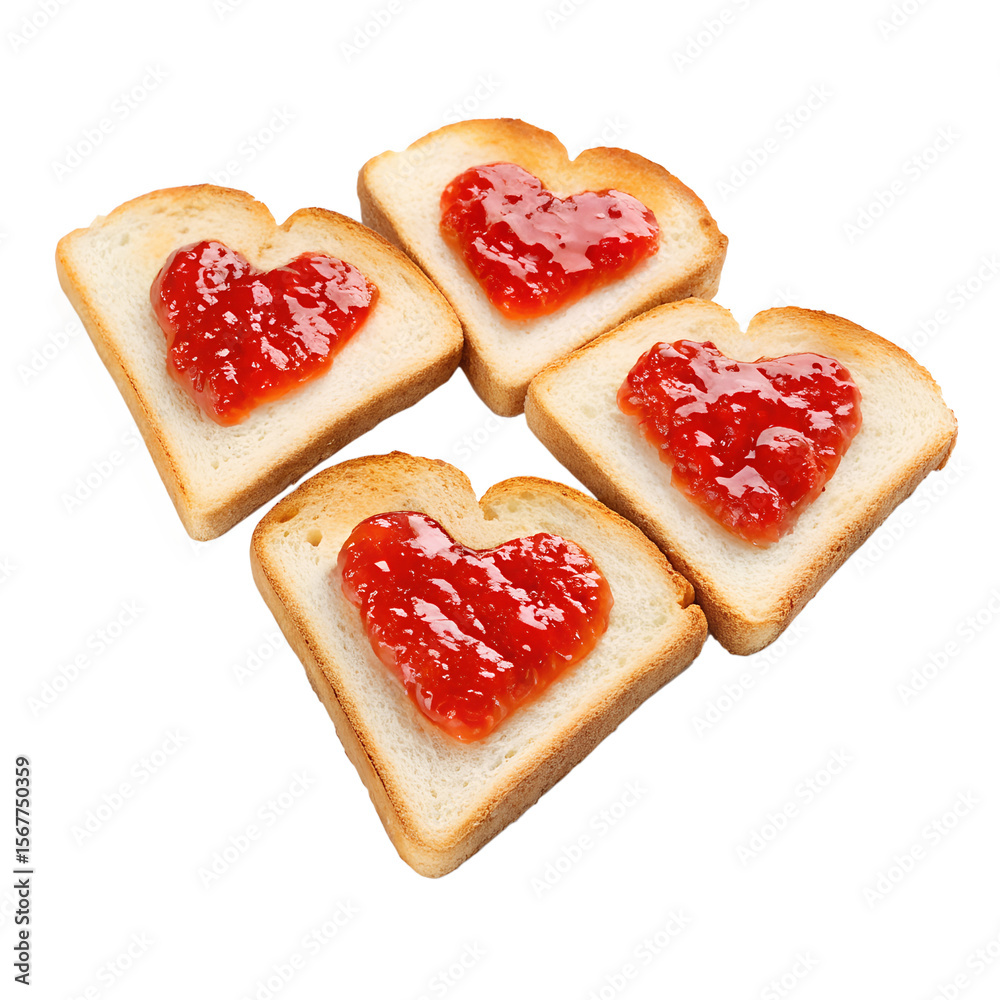 Fototapete toasted slice of bread with heart shaped of strawberry jam isolated on transparent background