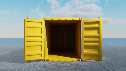 Bright yellow shipping container standing open on a concrete dock by the sea under a blue sky with white clouds, representing global trade and logistics