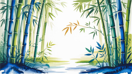 A watercolor painting of a bamboo forest with a bright white center creating a natural vignette.