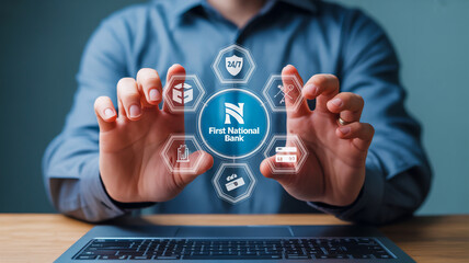 Hands in gray sleeves present a hexagonal holographic banking interface above a laptop with dark, moody lighting and cool blue background tones