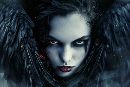 Portrait of a fallen angel with dark makeup and black wings, emerging from a dark and mysterious background