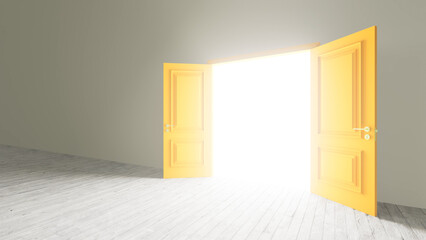 Bright light streaming through open double doors illuminates an empty room with a wooden floor, evoking feelings of hope and optimism for new beginnings and endless possibilities