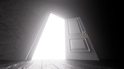 Bright light streaming through an open door into a dark room, illuminating the wooden floor and creating an atmosphere filled with mystery and hope, inviting new beginnings and possibilities
