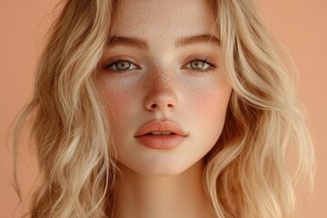 Naklejka premium Close-up portrait of a young woman with beautiful blonde hair and natural makeup.