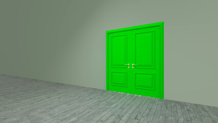Bright green double door stands out against the pale green walls of an empty room with a gray wooden floor, creating a striking contrast and suggesting new opportunities or a fresh start