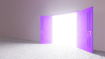 Open purple double doors revealing a bright white light in an empty room with light wooden floors and purple walls, symbolizing opportunity, hope, and new beginnings