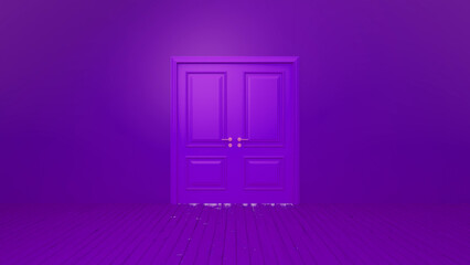 Closed double doors with brass handles in an empty purple room featuring a wooden floor, illuminated by a light beam, evoke mystery and symbolize new opportunities