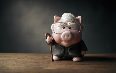 Elderly Piggy Bank Wearing Glasses And Cane Symbolizes Retirement Savings. Financial Planning
