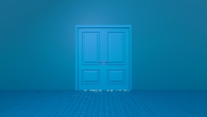 Light is coming from under a closed double door illuminating a blue wooden floor in a blue room, creating a mysterious and surreal atmosphere