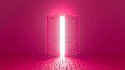 Bright light streaming through open double doors illuminates an empty pink room with a wooden floor, evoking a sense of mystery and surreal possibility for new beginnings