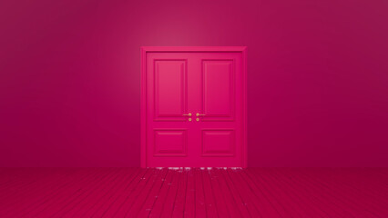 Closed double door with golden handles in an empty pink room with wooden floor, representing concepts such as mystery, transition, and new beginnings