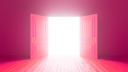 Light streaming through an open pink double door illuminates an empty room with a wooden floor, fostering a sense of hope and optimism for new beginnings and endless possibilities