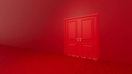 Closed double door with golden handles in a red room with wooden floor and matching monochromatic walls, creating a mysterious and intriguing atmosphere full of potential and suspense