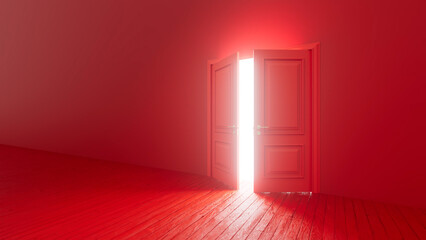 Light streaming through an open door into an otherwise empty red room with wooden floor creates a mysterious and surreal atmosphere, symbolizing hope, opportunity, or transition
