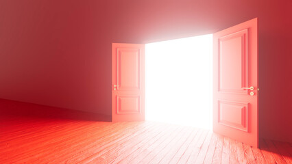Bright light streaming through an open red double door illuminates an empty red room with a wooden floor, creating a sense of opportunity and inviting exploration of the unknown
