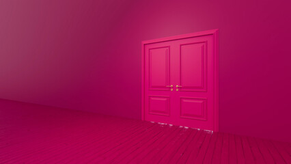 Slightly opened pink double doors with golden handles revealing an empty pink room featuring a wooden floor, creating a vibrant and surreal atmosphere full of possibilities