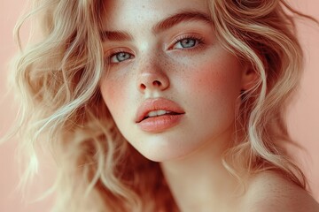 Naklejka premium Close-up portrait of a woman with soft, highlighted features.
