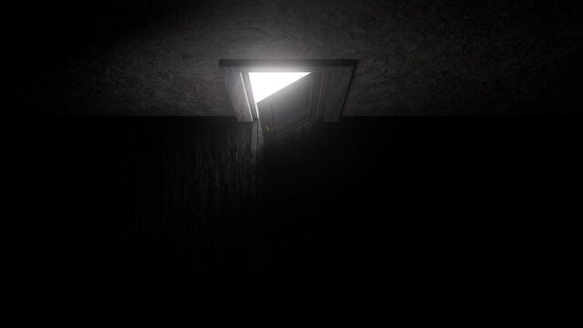 Bright light streaming through a slightly open trap door in the ceiling of a dark, mysterious room, illuminating the space and evoking feelings of hope and the possibility of escape