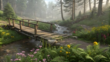 Serene Forest Landscape with Wooden Bridge and Flowing Stream