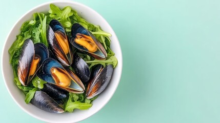 Creative flatlay of mussels plated in an abstract modern style, bold presentation with artistic brushstrokes of sauce and scattered herbs, styled for visual impact and high engagement