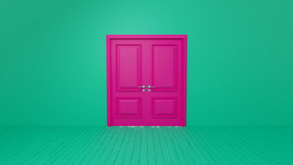 Vibrant pink double doors contrasting sharply with a green wall and floor create a striking visual impact in a minimalist room, enhancing the sense of modern interior design