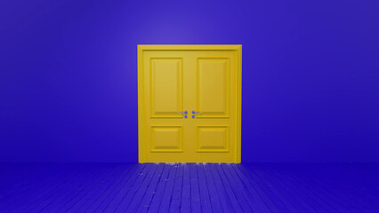 Yellow double doors standing in a vibrant blue room with a wooden floor, creating a striking contrast and surreal atmosphere, inviting thoughts of opportunity and new beginnings