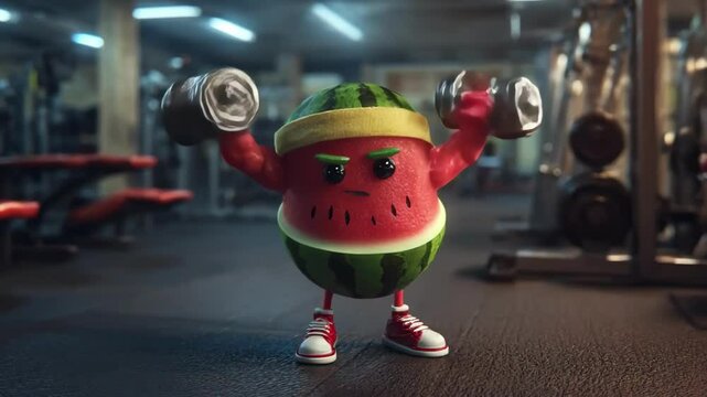 Watermelon character lifting weights in gym, fitness and healthy lifestyle