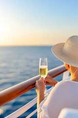 Elegant senior woman in a wide hat holding champagne on a cruise balcony during golden hour, facing the ocean, luxurious travel vibe with soft light and clear space for editorial text