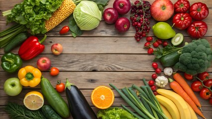 Fresh Fruits and Vegetables Arranged on Rustic Wooden Table