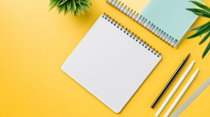 Flat lay workspace with tablet, stylus, and sketchbook on vibrant yellow background, creative setup with copy space