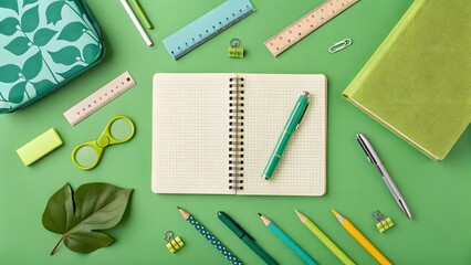 Green Office Supplies Arrangement with Notebook and Writing Tools