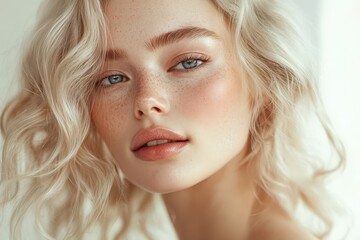 Fototapeta premium Close-up portrait of a woman with delicate features and soft makeup.