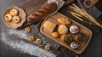 Freshly Baked Bread and Pastries Displayed on Rustic Wooden Tray
